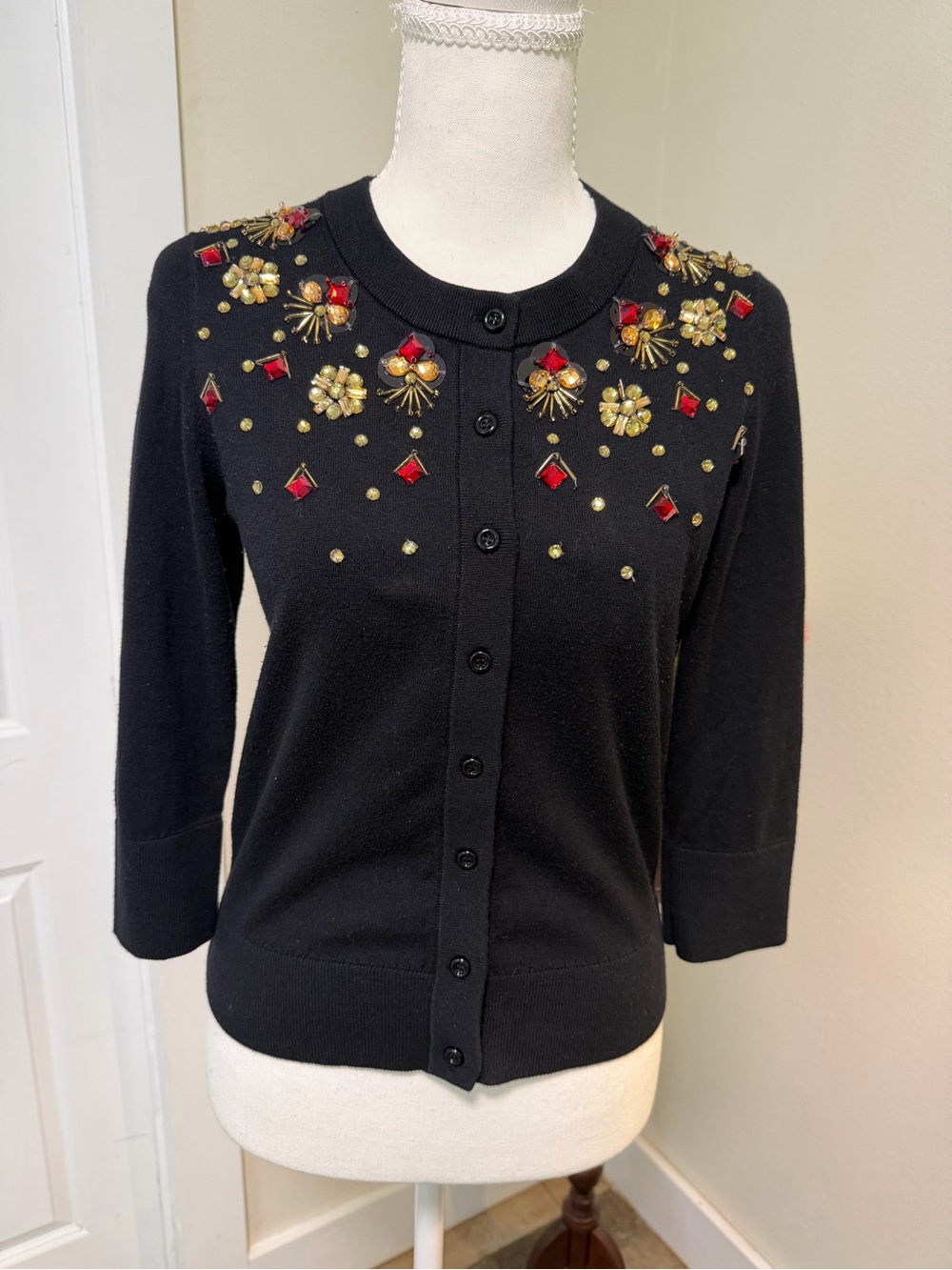 kate spade Black Jeweled Embellished Button Cardigan with Red Accents